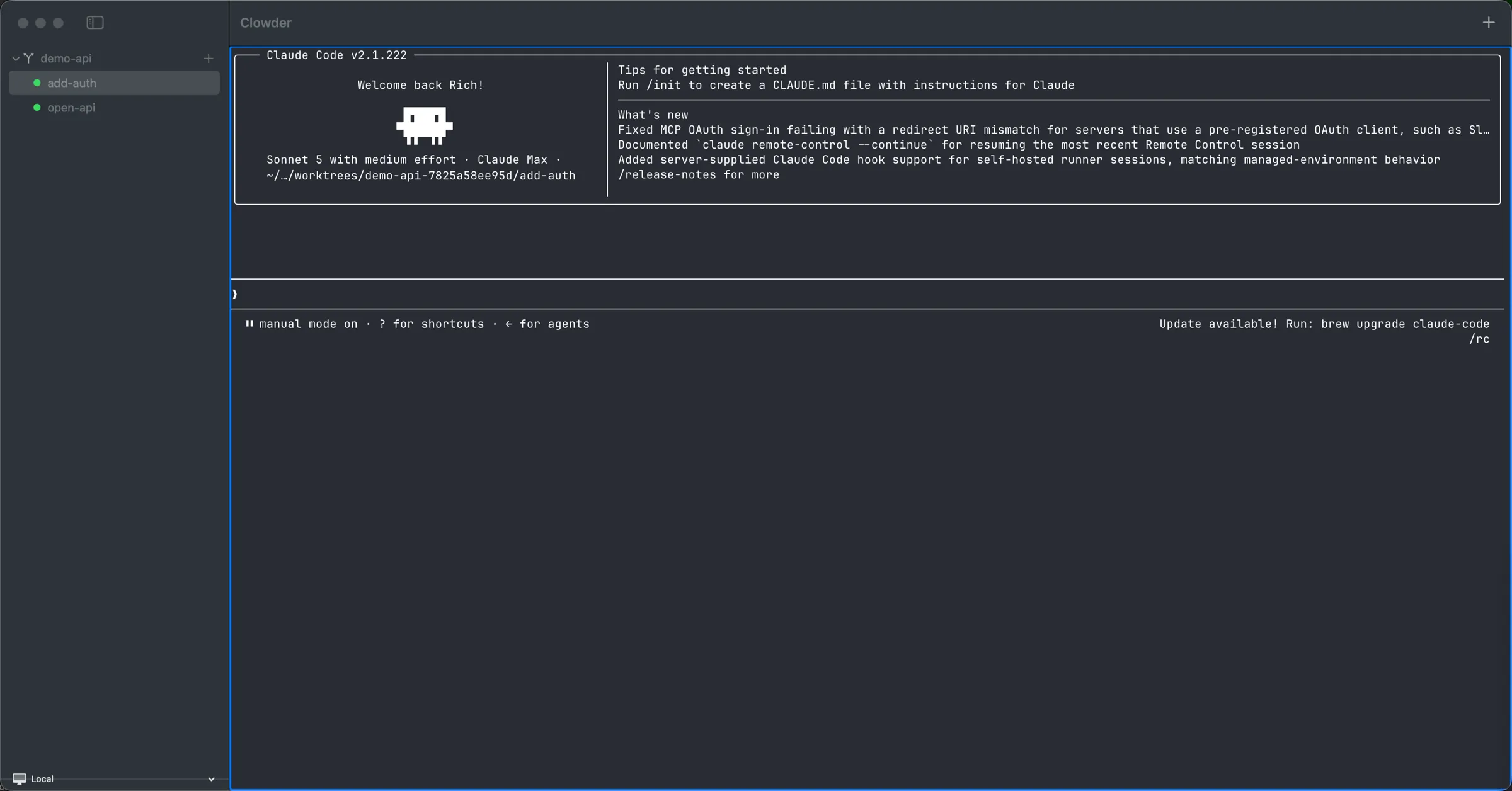 The Clowder app: a sidebar listing seven agents across the demo-api project, beside a terminal showing an agent's isolated git worktree path, its clowder/rate-limit-health branch, and a coloured diff of the change it made.