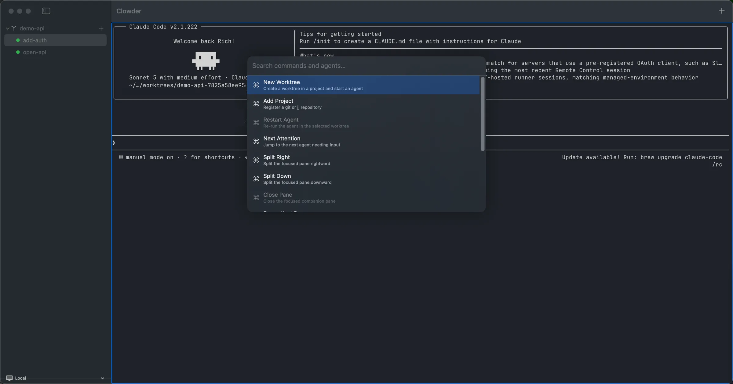 Clowder's command palette open over the app, listing New Worktree, Add Project, Restart Agent, Next Attention, Split Right, Split Down and Close Pane.