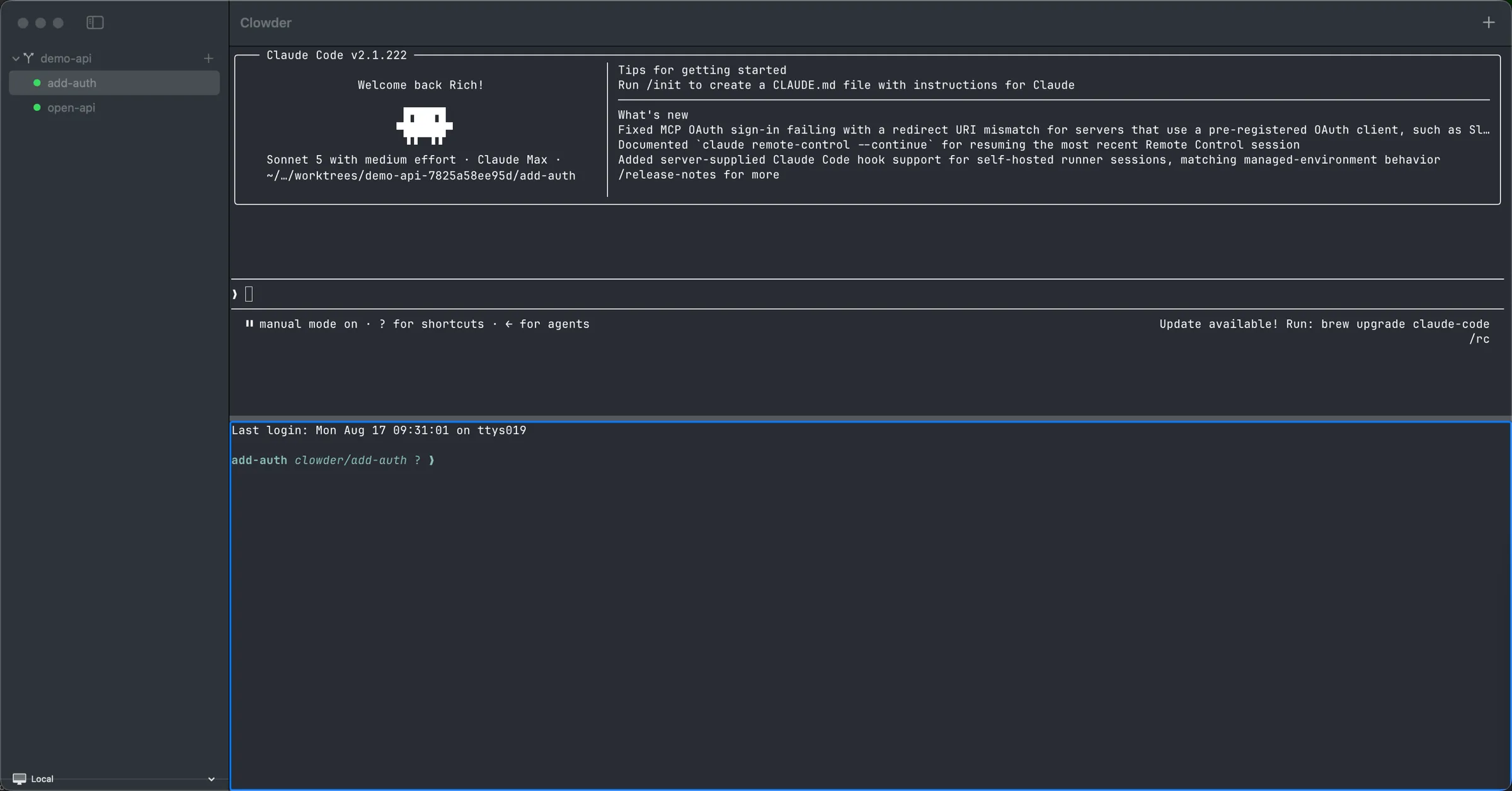 Clowder with a split pane: the agent's terminal showing a diff on the left, and a companion shell on the right, both in the same worktree.